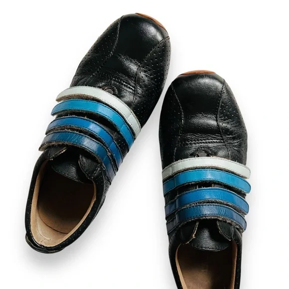 LACOSTE Mystere Punched Striped Velcro Leather Sneaker Black Blue Sz 5.5 US/ 36 - Picture 3 of 13